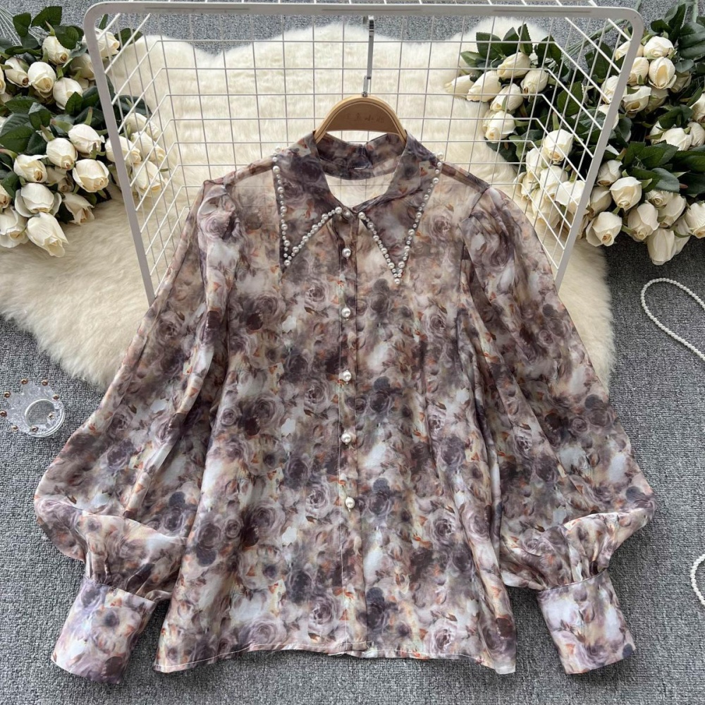 Retro chiffon thin loose puff sleeve floral shirt for women