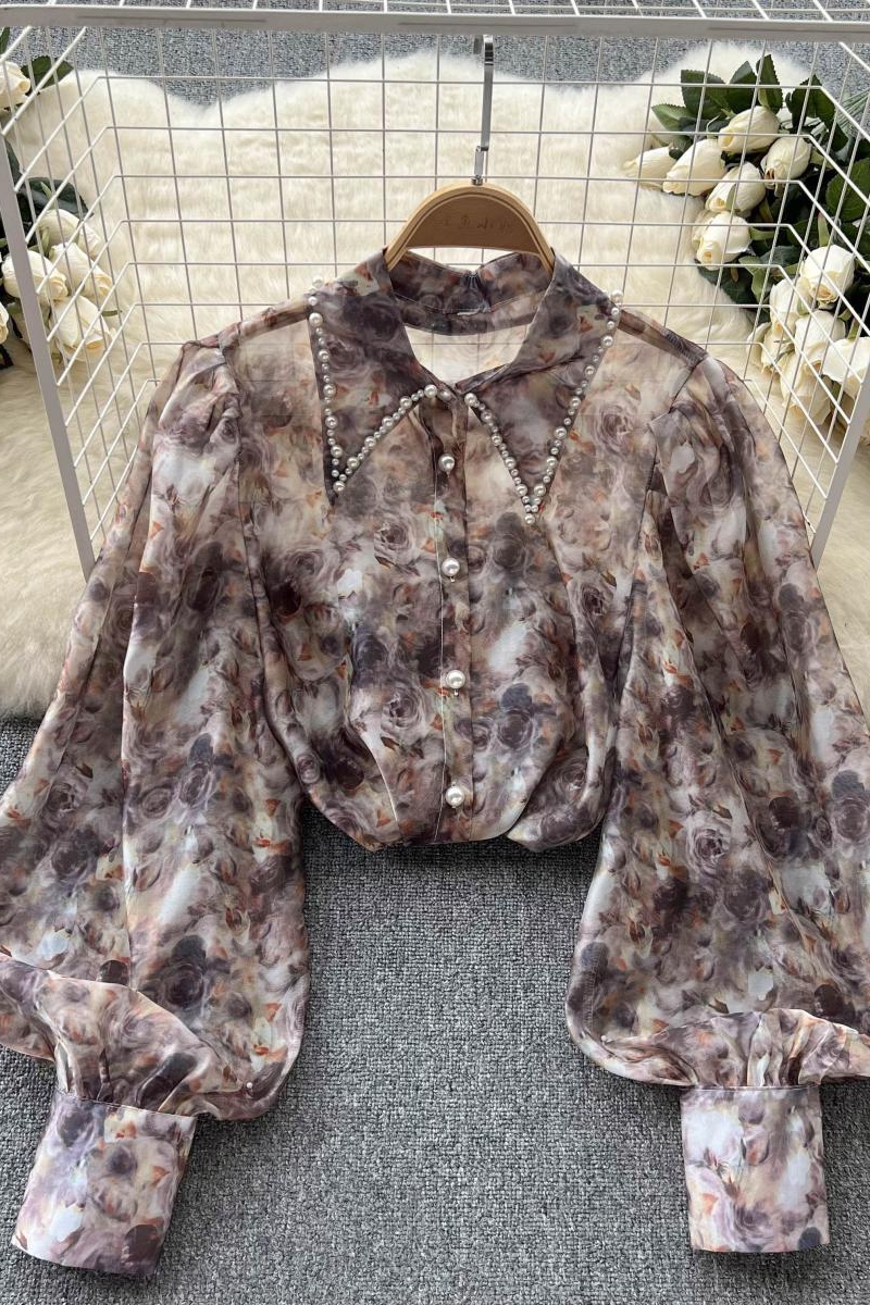 Retro chiffon thin loose puff sleeve floral shirt for women