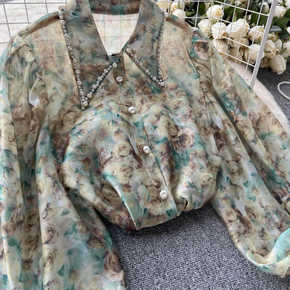 Retro chiffon thin loose puff sleeve floral shirt for women