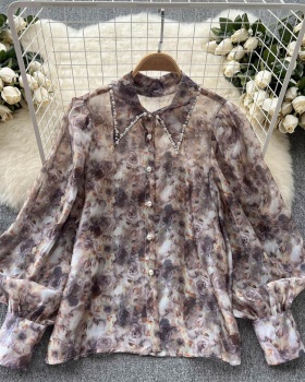 Retro chiffon thin loose puff sleeve floral shirt for women