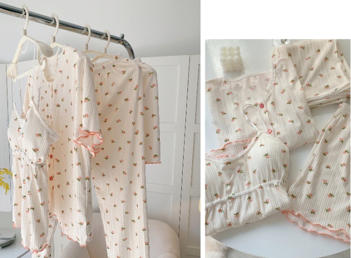 Short sleeve homewear long pants thin pajamas 4pcs set for women