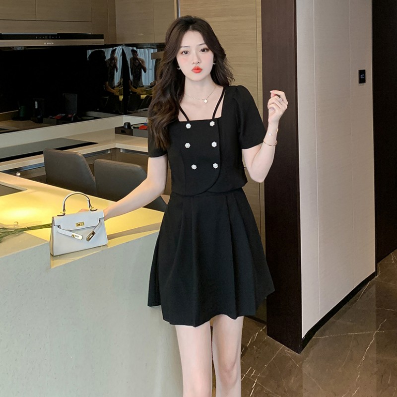 Square collar fashion skirt double-breasted tops 2pcs set