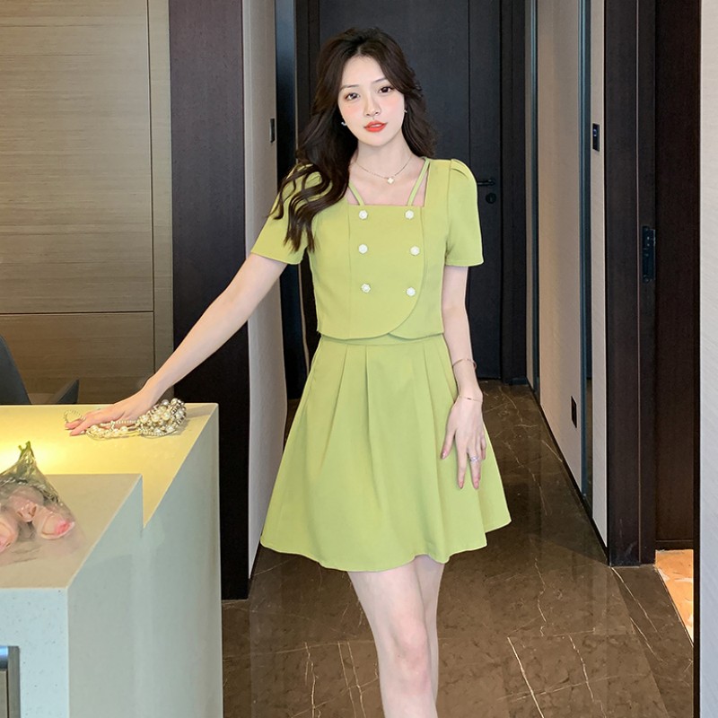 Square collar fashion skirt double-breasted tops 2pcs set
