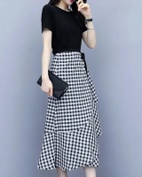 Plaid pinched waist dress fashion temperament skirt 2pcs set