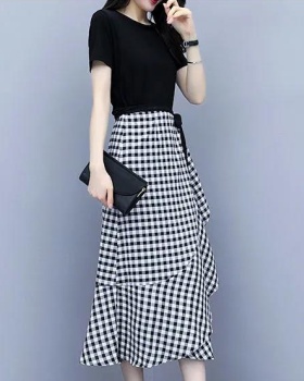 Plaid pinched waist dress fashion temperament skirt 2pcs set