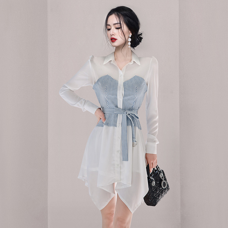 Lapel skirt hem belt Korean style temperament dress