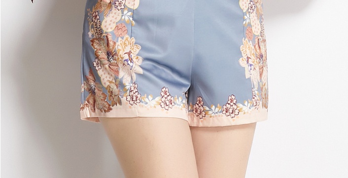 Lantern sleeve shorts printing shirt 2pcs set for women