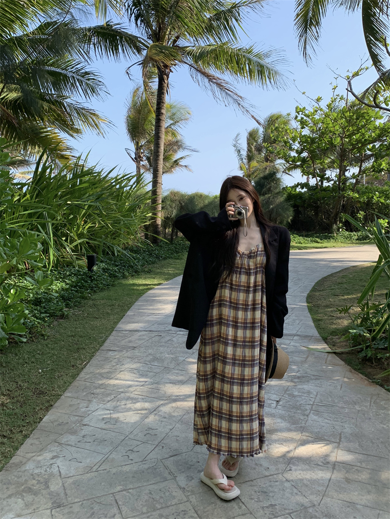 Sling vacation dress plaid jumpsuit for women
