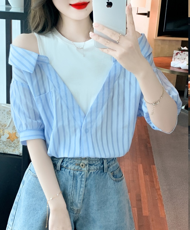 Stripe Korean style shirt short sleeve pullover tops