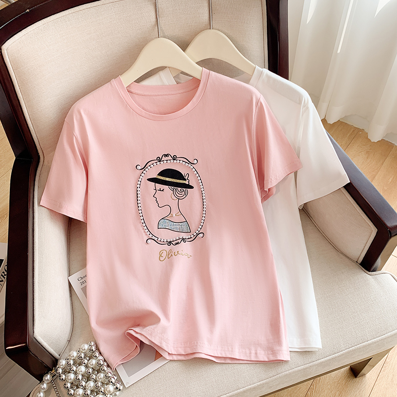 Pink beading summer T-shirt printing Casual pure cotton tops