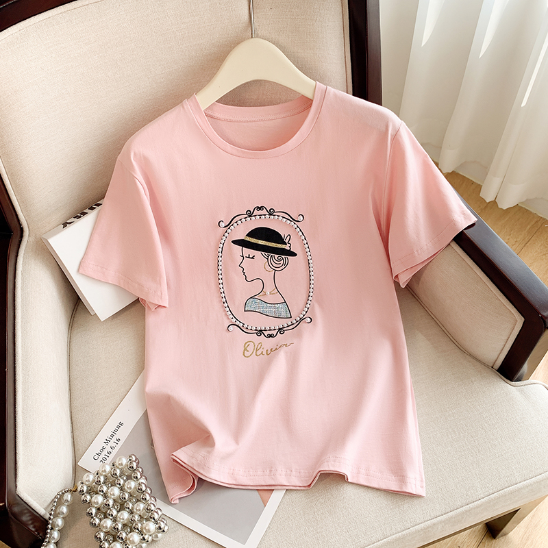 Pink beading summer T-shirt printing Casual pure cotton tops