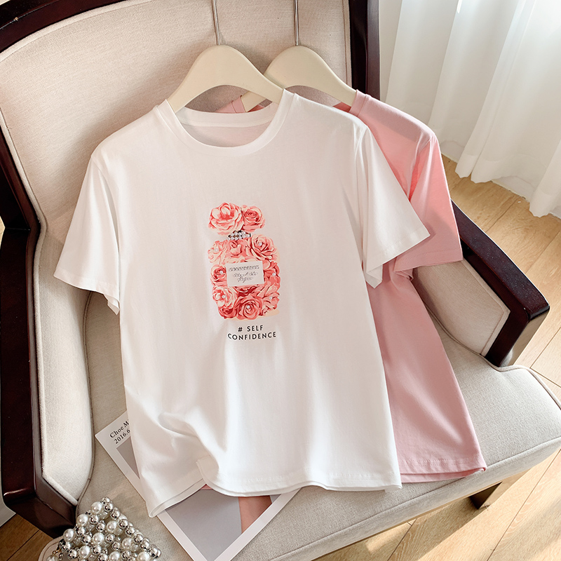 Pink Korean style printing T-shirt beading round neck tops