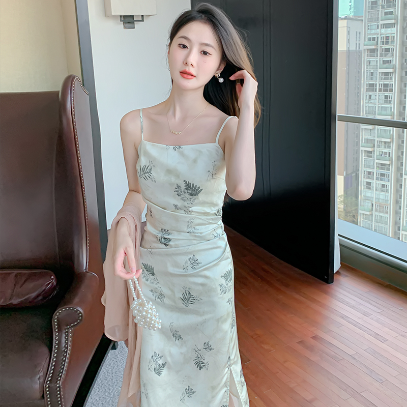 Sling ladies long dress floral summer cheongsam for women