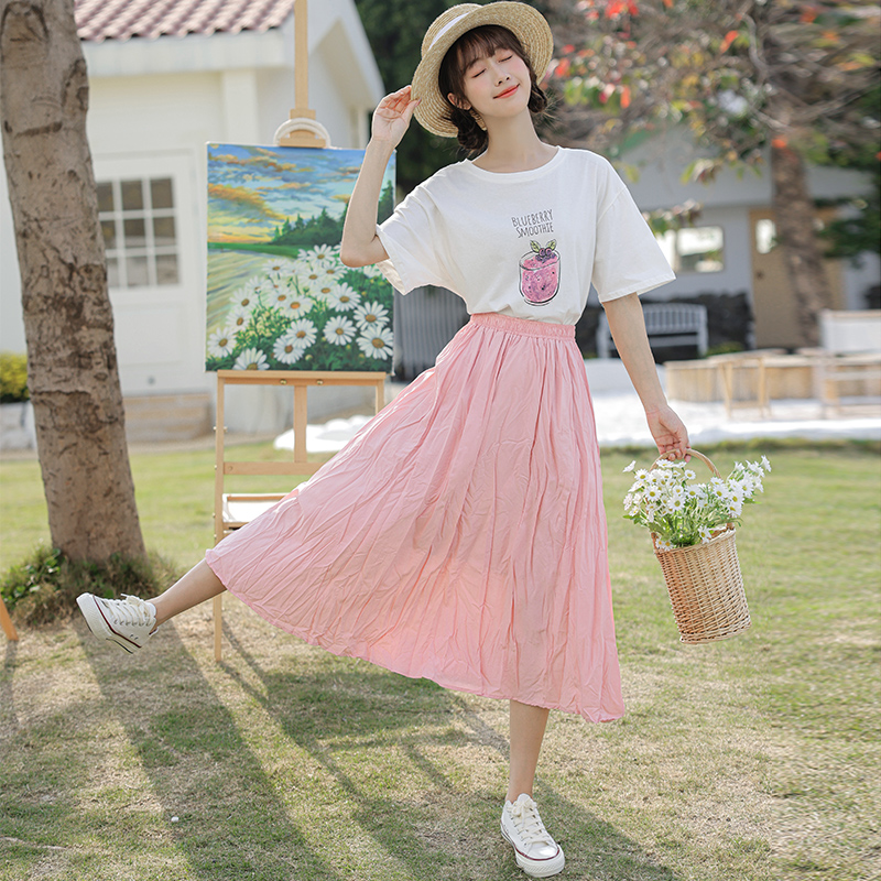 Pink sweet long dress maiden printing skirt 2pcs set