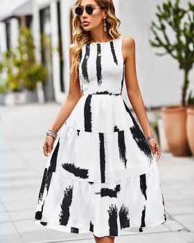 Printing pinched waist long dress summer dress for women