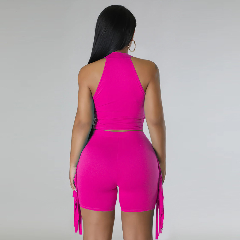 Sleeveless pure tassels fashion Casual shorts 2pcs set