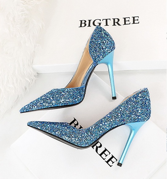Sexy sequins hollow shoes low pointed high-heeled shoes