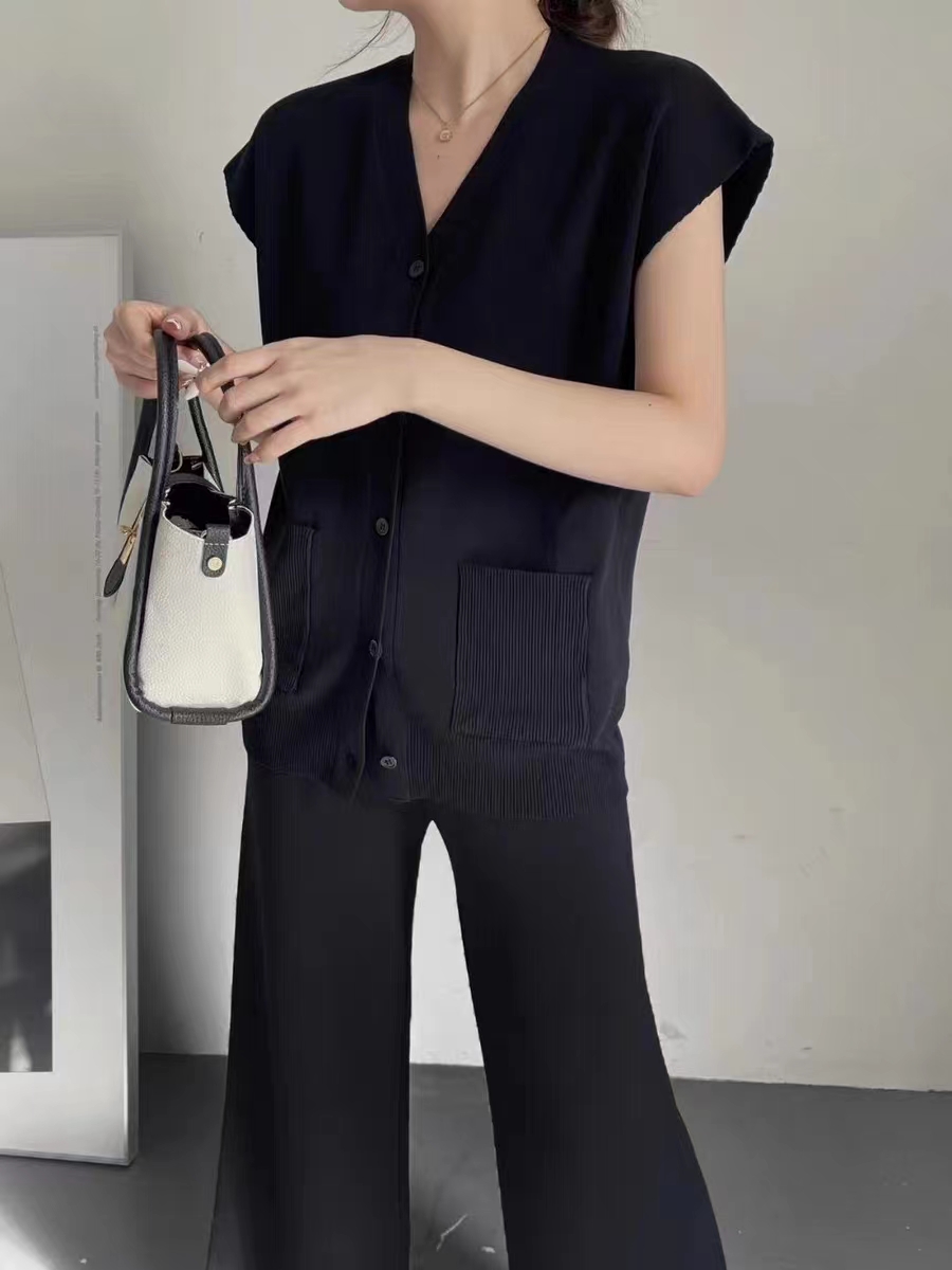 Cozy temperament tops pocket lady wide leg pants a set