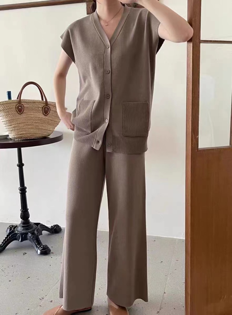 Cozy temperament tops pocket lady wide leg pants a set