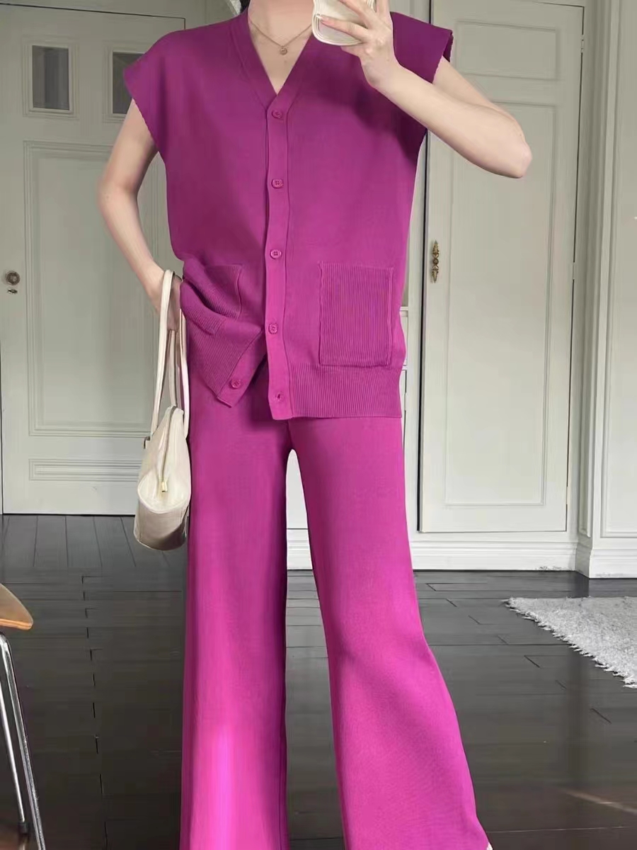 Cozy temperament tops pocket lady wide leg pants a set