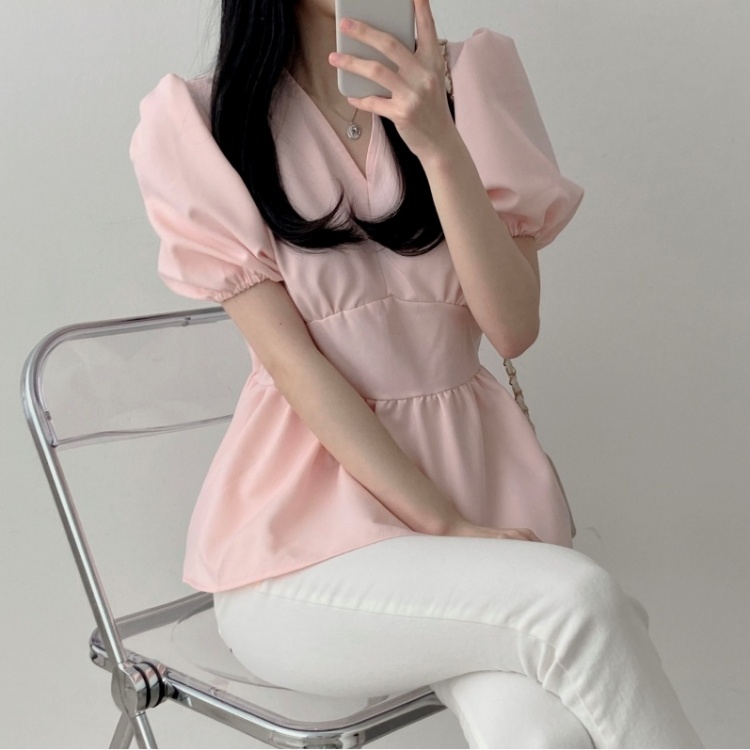 Sweet summer V-neck shirt puff sleeve temperament Korean style tops