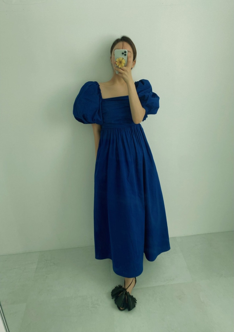 Retro folds puff sleeve summer Korean style dress