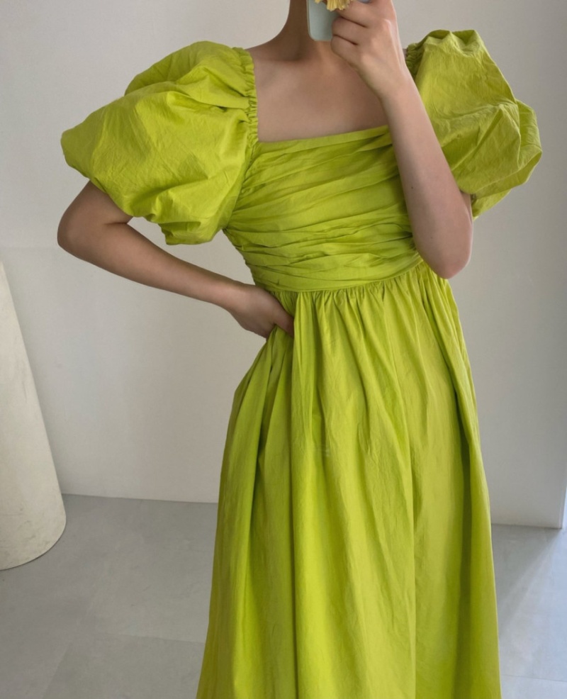 Retro folds puff sleeve summer Korean style dress