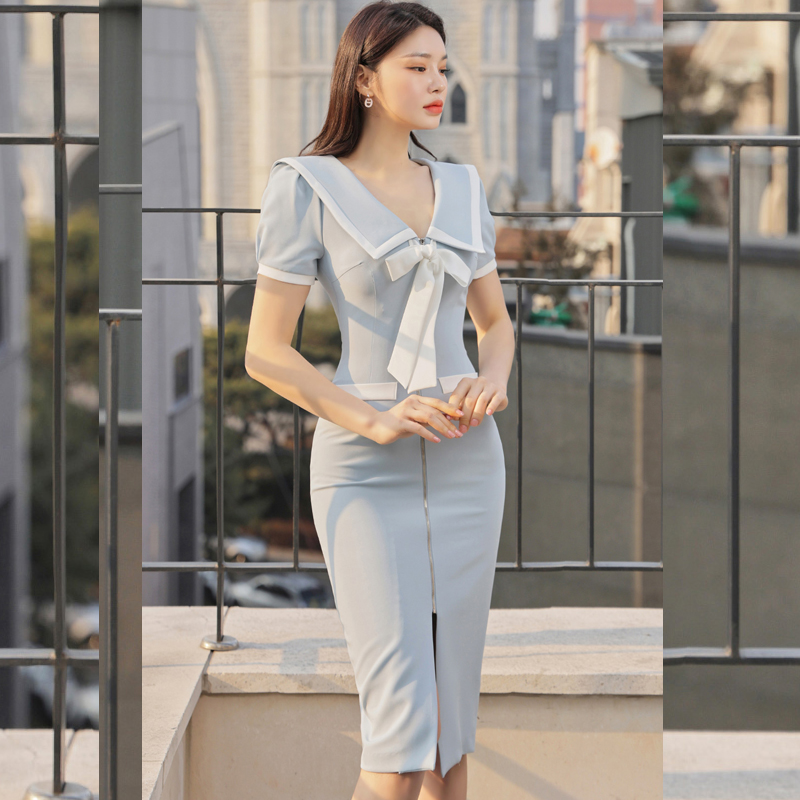Package hip lapel fashion bow pinched waist summer dress