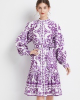 Pinched waist stand collar printing long sleeve dress