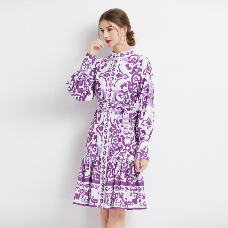 Pinched waist stand collar printing long sleeve dress