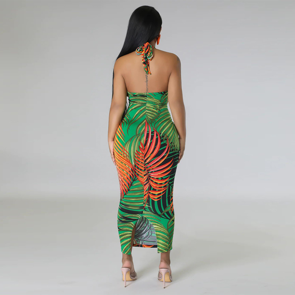 Sexy printing dress sleeveless split long dress for women