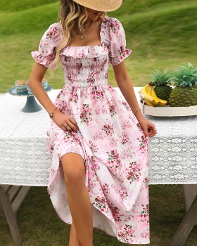 France style long floral square collar dress for women