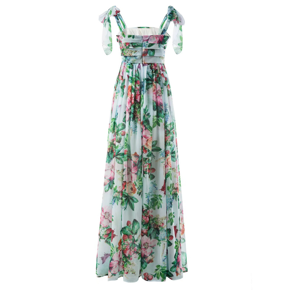 Stitching printing sling wrapped chest long dress for women