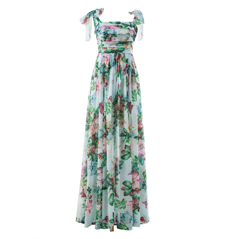 Stitching printing sling wrapped chest long dress for women