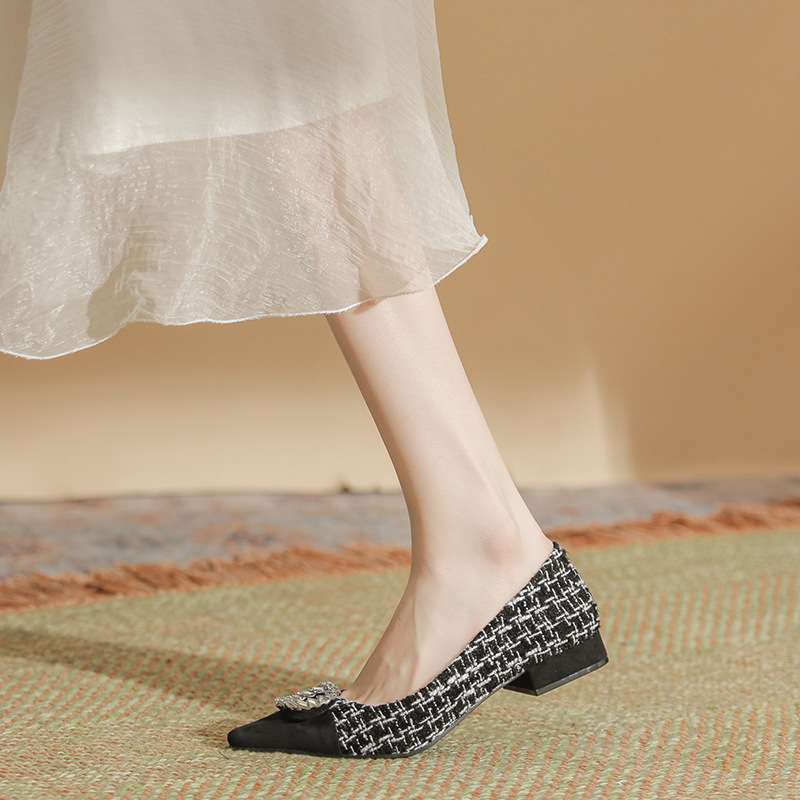 Rhinestone buckle splice plaid shoes for women