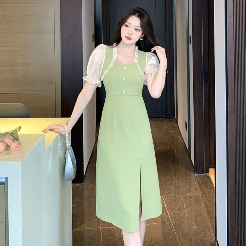 Splice wood ear V-neck sweet mixed colors pinched waist dress
