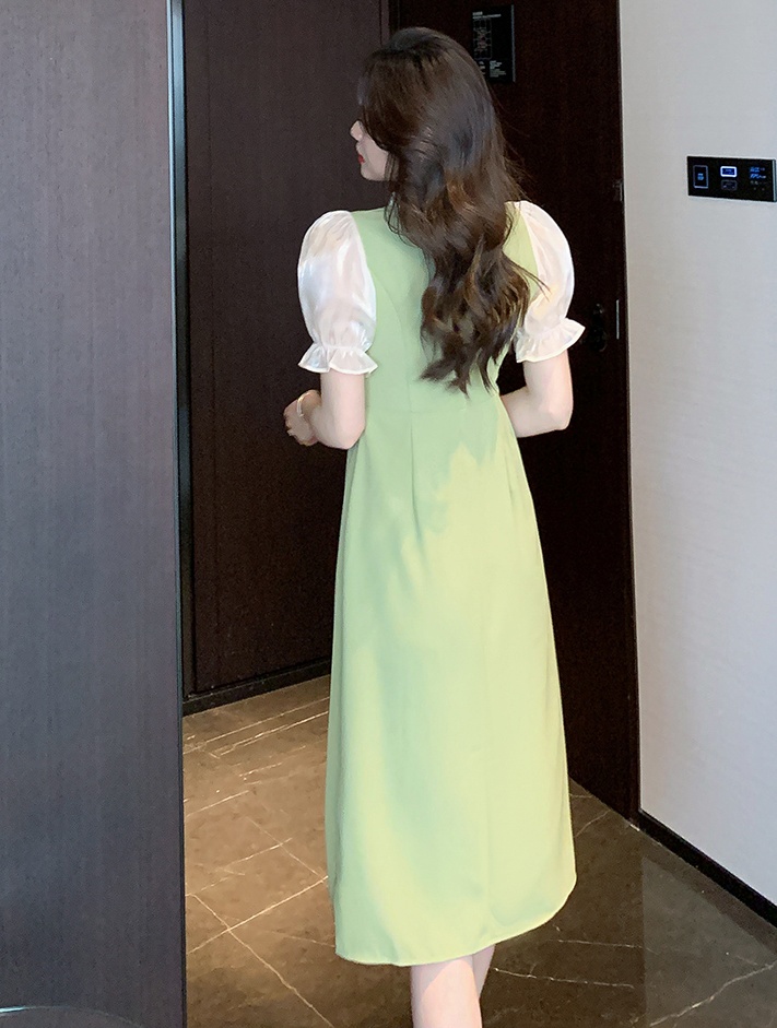 Splice wood ear V-neck sweet mixed colors pinched waist dress
