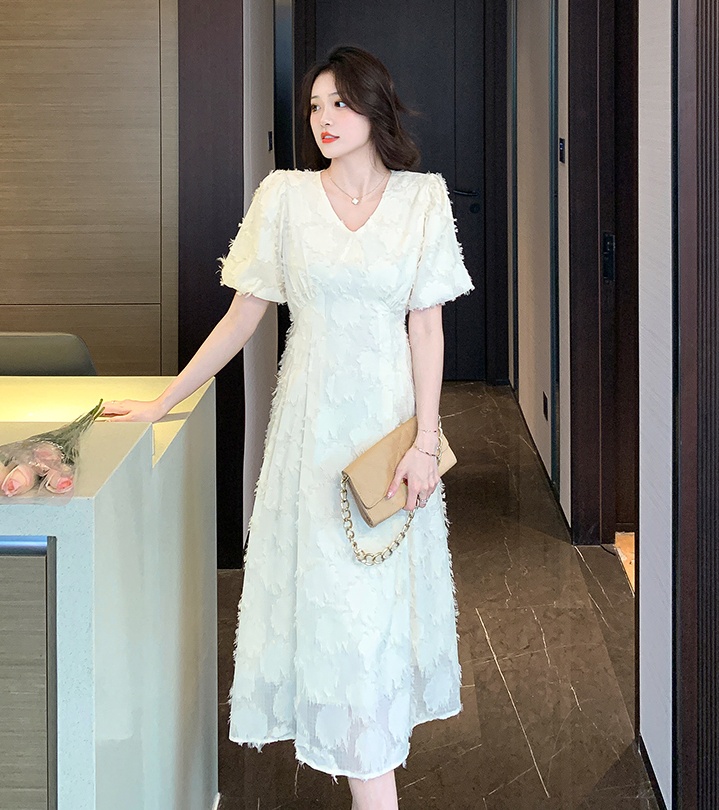Short sleeve floral long dress refreshing France style dress