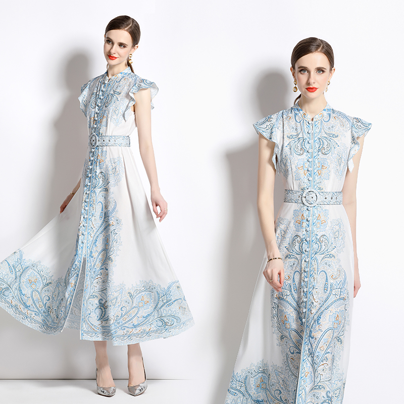 Printing single-breasted dress court style long dress