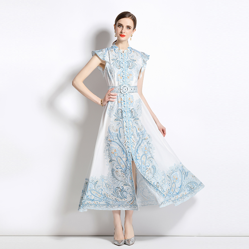 Printing single-breasted dress court style long dress