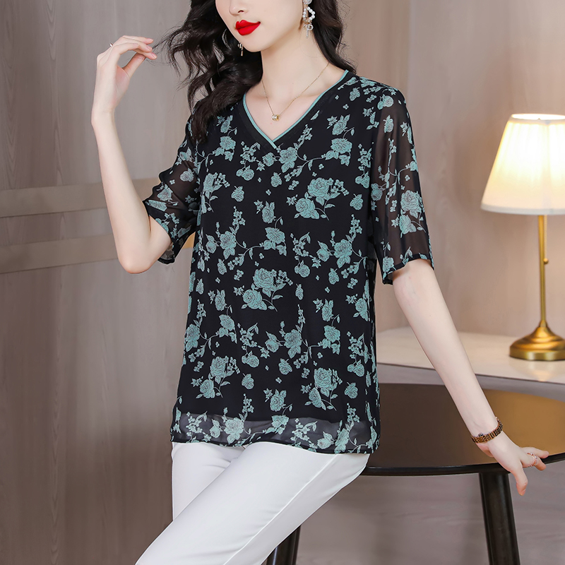 V-neck pullover chiffon shirt summer noble tops for women