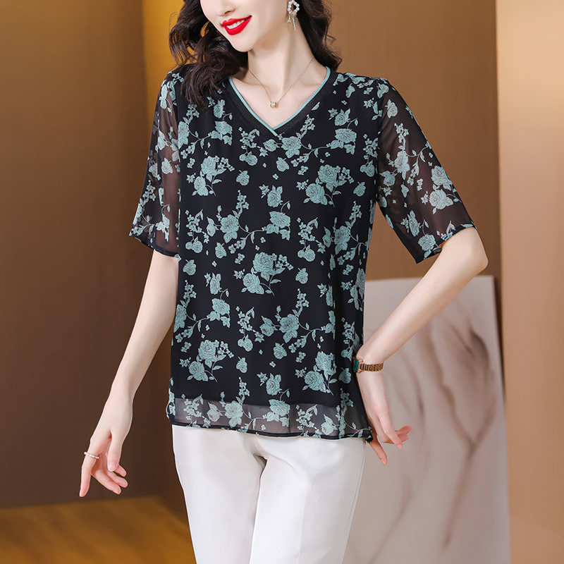 V-neck pullover chiffon shirt summer noble tops for women