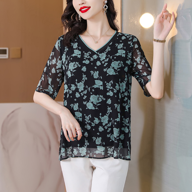 V-neck pullover chiffon shirt summer noble tops for women