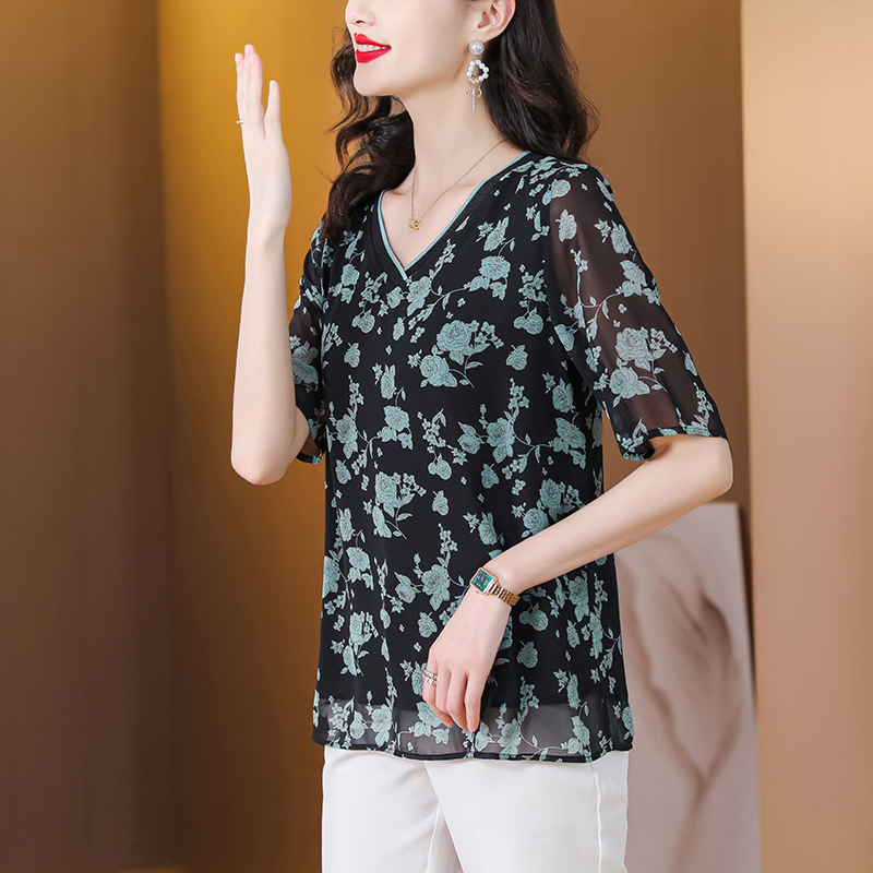 V-neck pullover chiffon shirt summer noble tops for women