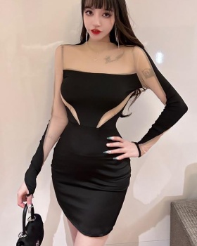 European style sexy splice long sleeve perspective dress