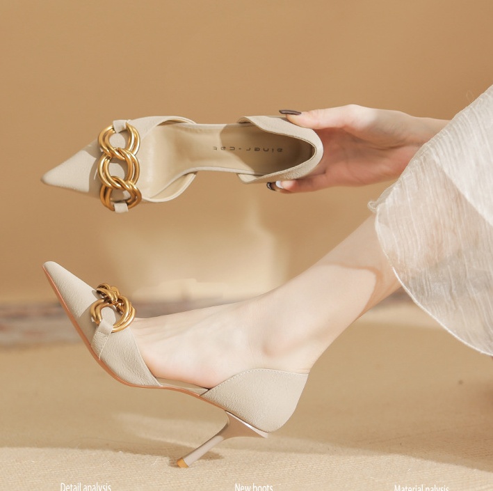 Fine-root chain high-heeled shoes sheepskin shoes