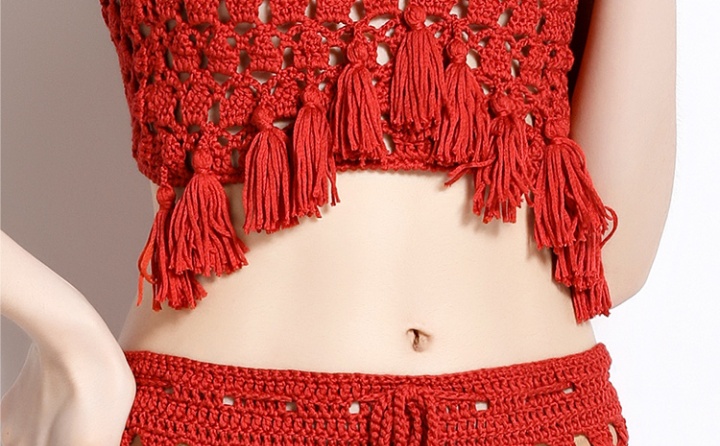V-neck tassels tops wrapped chest hollow skirt 2pcs set
