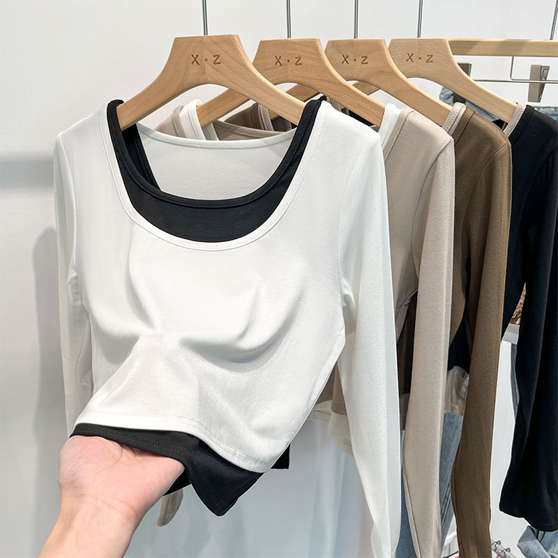 Square collar retro tops slim T-shirt for women