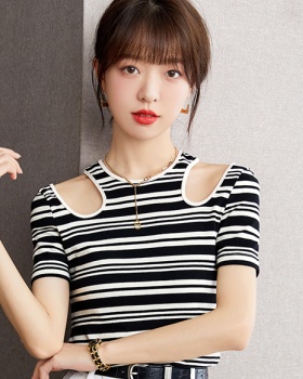 Black short sleeve T-shirt summer stripe tops for women