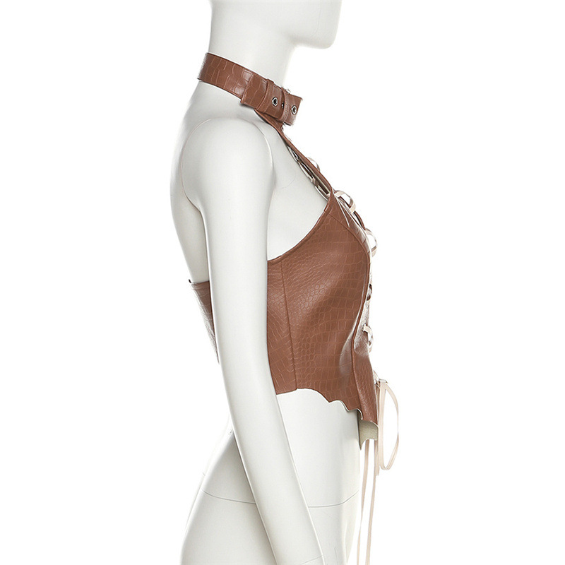 Hollow leatherette slim vest bandage halter tops for women